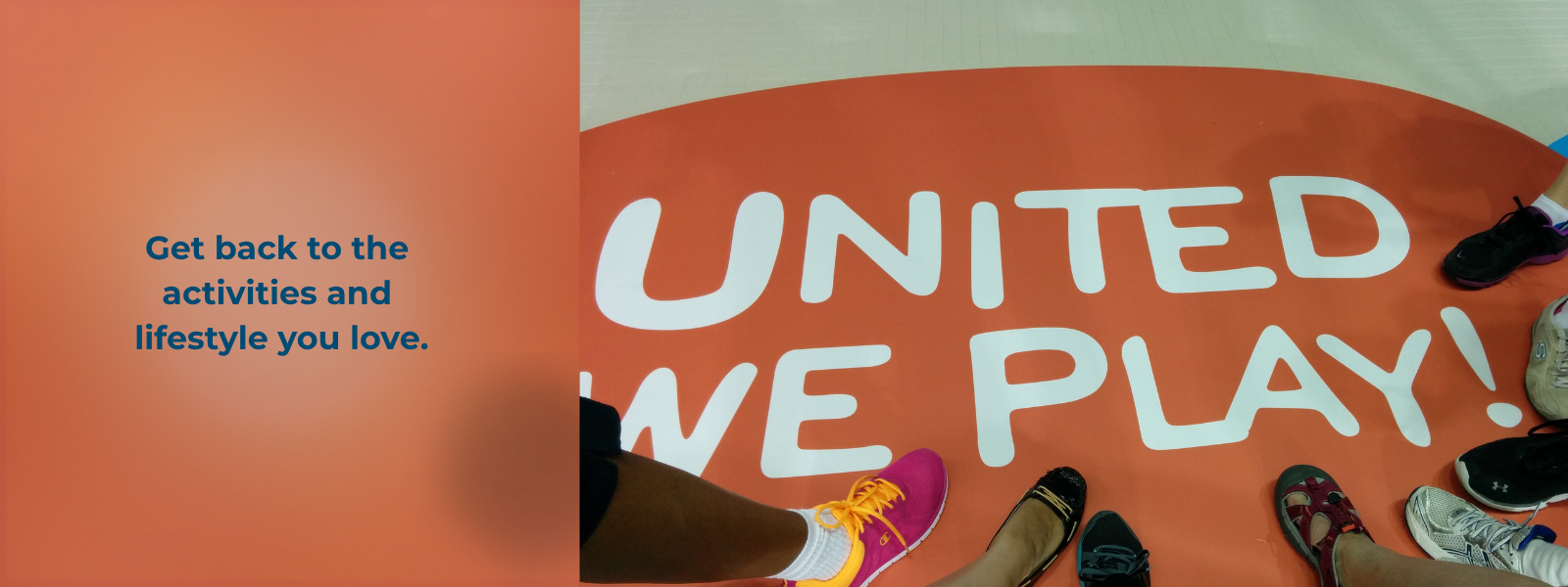 Diverse group of athletes standing on a United We Play floor logo in Toronto.